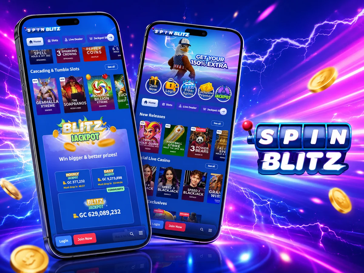Spin Blitz running on two phones - slots lobby and Blitz Jackpot